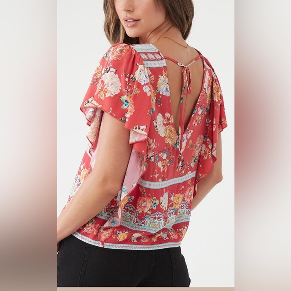 O’NEILL Red Floral Flutter-Sleeve Maggy Button-Up Top SIZE MED- NWT - Picture 6 of 10